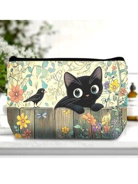 Cosmetic Bag Makeup Black Cat Bird Flowers Clutch Pouch Travel Storage Organizer